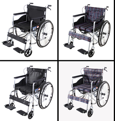 100kg Load  Plaid Medical Transport Wheelchair With Bedpan Adjustable Height